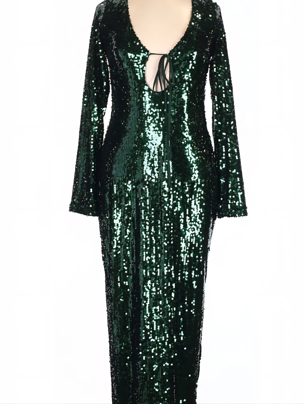PrettyLittleThing Deep Green Sequin Long Sleeve Tie-Front Gown